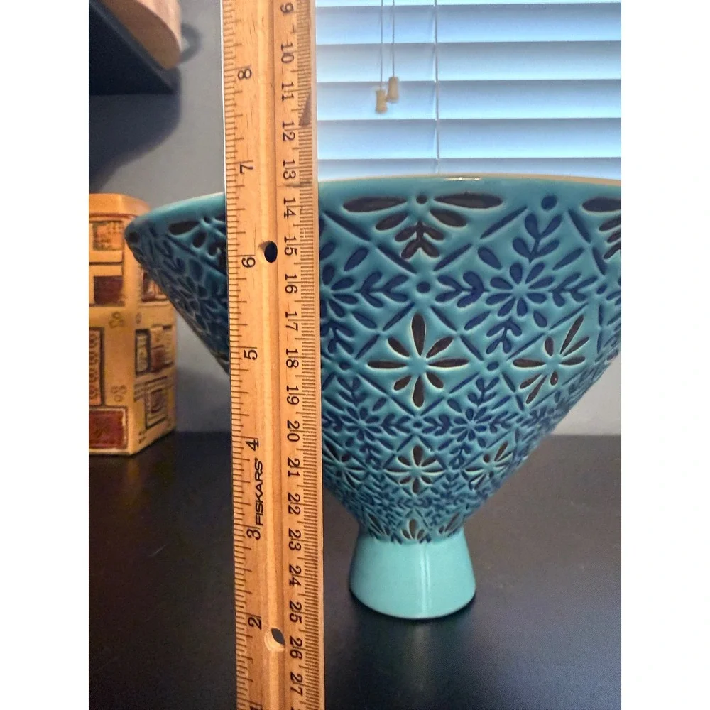 Turquoise Ceramic Pedestal Bowl Embossed Floral Geometric Centerpiece 10in